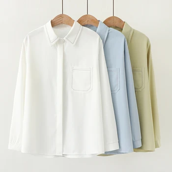 

Blouse Women Elegant Office Ladies Tops Long Sleeve White Shirts with Pocket Beading Turn Down Collar Blouses Blue Green Tops