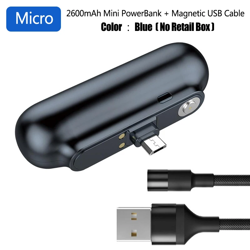 Micro Black Brorikoy 2600 мАч Мини банк питания Портативный usb зарядка Магнитный банк питания Micro type-C зарядный кабель для iPhone внешний аккумулятор - Цвет: Micro Black