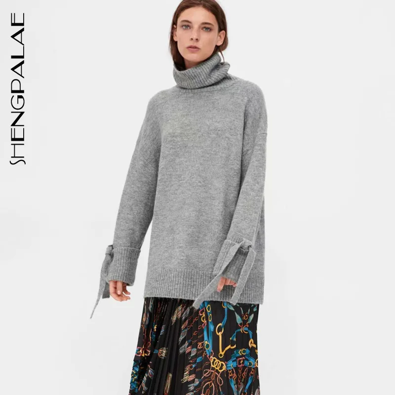 

SHENGPALAE 2019 New Spring Grey Tops Warm Knitting Turtleneck Long Sleeve Stitching Tie Personality Women Casual Sweater FI901