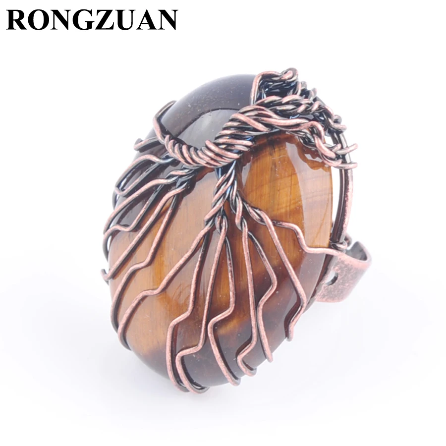 RONGZUAN Adjustable Ring Women Finger Jewelry Natural Stone Tiger Eye Bead Antique Rings Copper Wire Wrapped Tree of Life TX3056 | Украшения