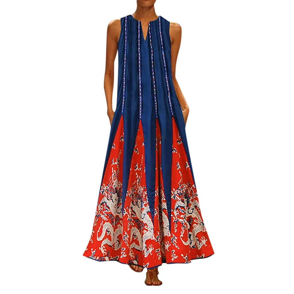 Women Dress Summer Women Plus Size Print Daily Casual Sleeveless Vintage Bohemian V Neck Maxi Dress Women Casual Long