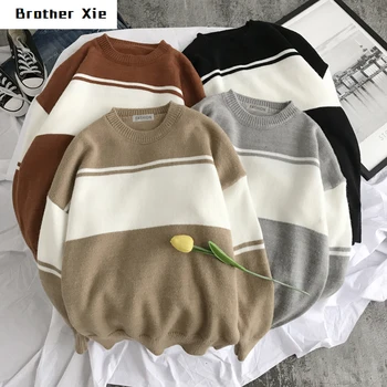 

Winter New Sweater Men Slim Fashion Contrast Color Casual O-neck Sweater Pullover Man Streetwear Wild Warm Striped Sweater M-2XL