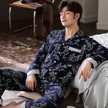 

Men Pajamas Set Autumn Long Sleeved Fashion Sleep Clothing Male Cotton Sleepwear Casual Nightwear Simple Print Nighty