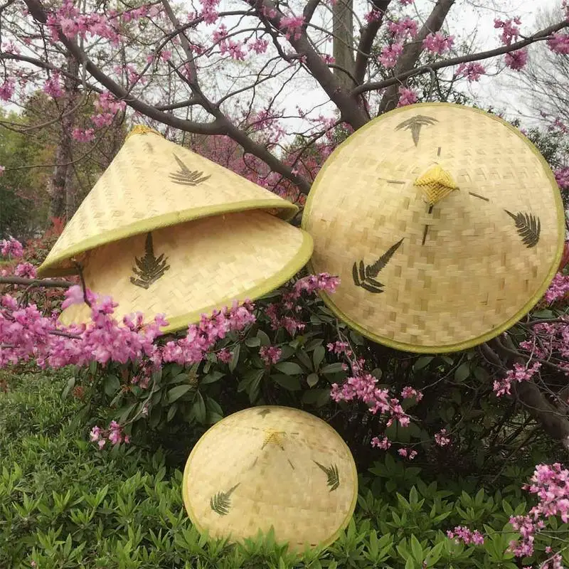 

Chinese Retro Bamboo Rattan Fisherman Hat Handmade Weave Straw Bucket Hat Tourism Rain Cap Dance Props Cone Fishing Sunshade Hat