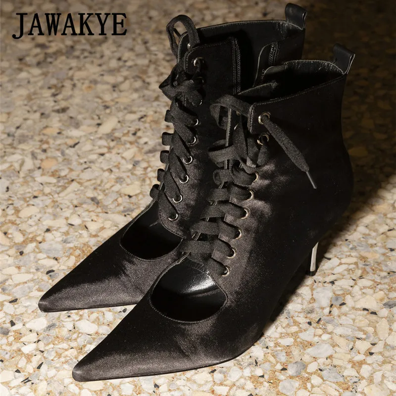 JAWAKYE/пикантные женские ботильоны на шнуровке с заклепками и заклепками; вечерние женские туфли с острым носком и вырезами на высоком каблуке; Цвет зеленый, черный
