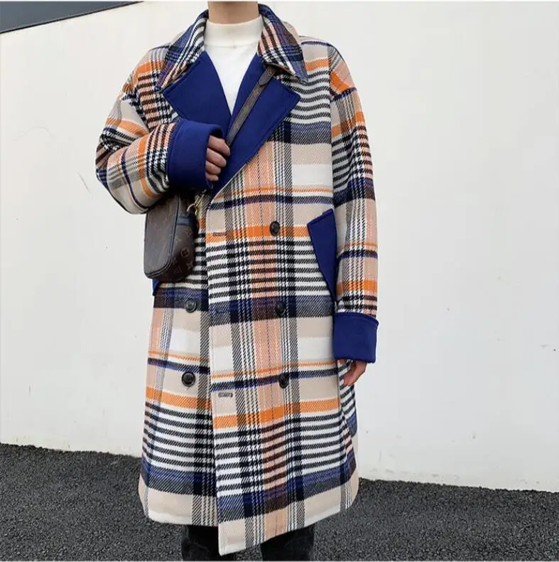 M-XL! Осенне-зимняя обувь стандарт отправки экземпляров chao туфли в английском стиле длинная двубортная одежда с цвет, подходящая к любому стилю одежды в клеточку шерстяное пальто мужские свободные плащ ja