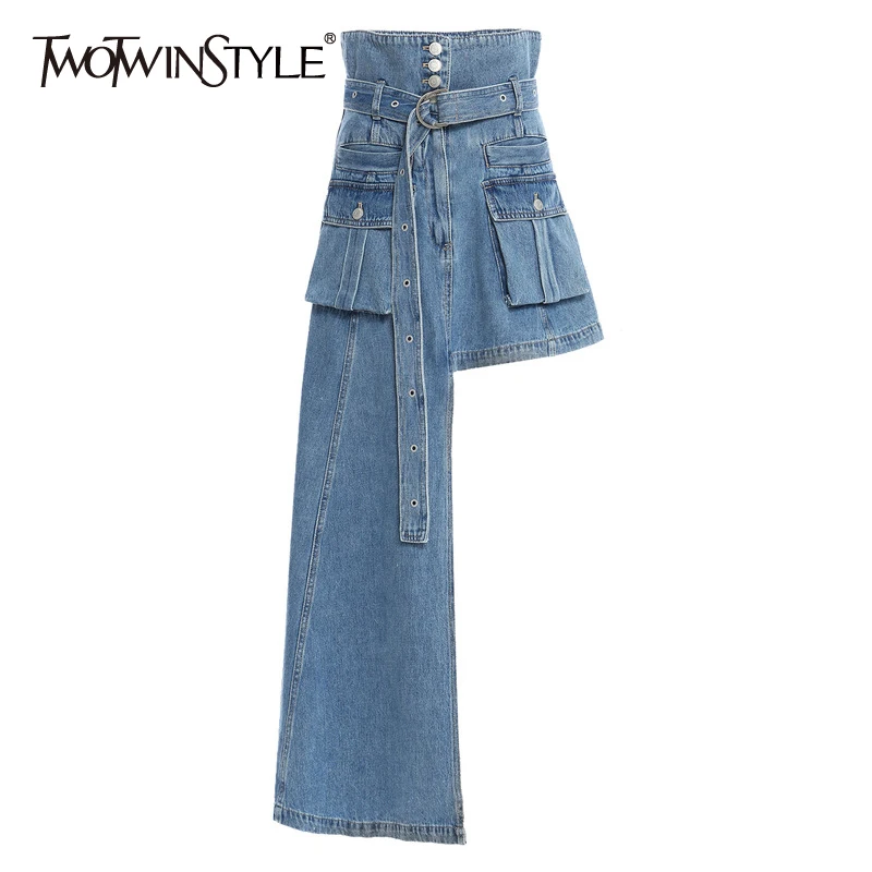 

TWOTWINSTYLE Asymmetrical Skirt For Women High Waist With Sashes Irregular Casual Skirts Female 2020 Summer Fashion New Style