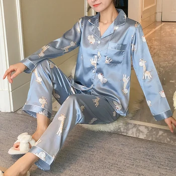 

CALOFE 2020 Women Floral Pjamas Sets Female Long Sleeves Tops+Long Pants Satin Sexy Sleepwear Outfits Nightwear Clothes