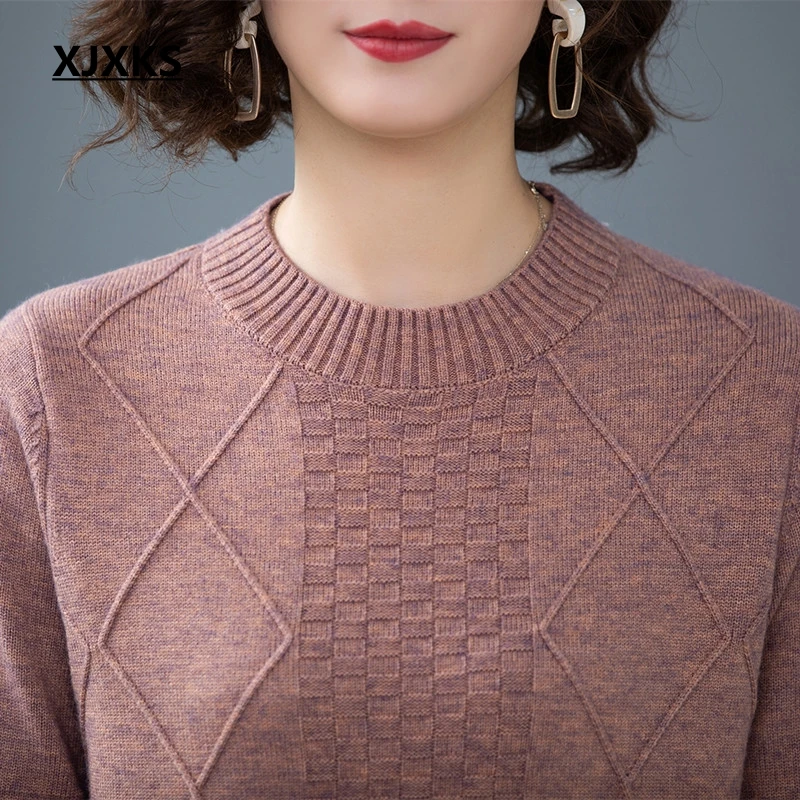 XJXKS женский модный свитер элегантный однотонный шерстяной свитер длинный рукав круглый вырез женский вязаный свитер