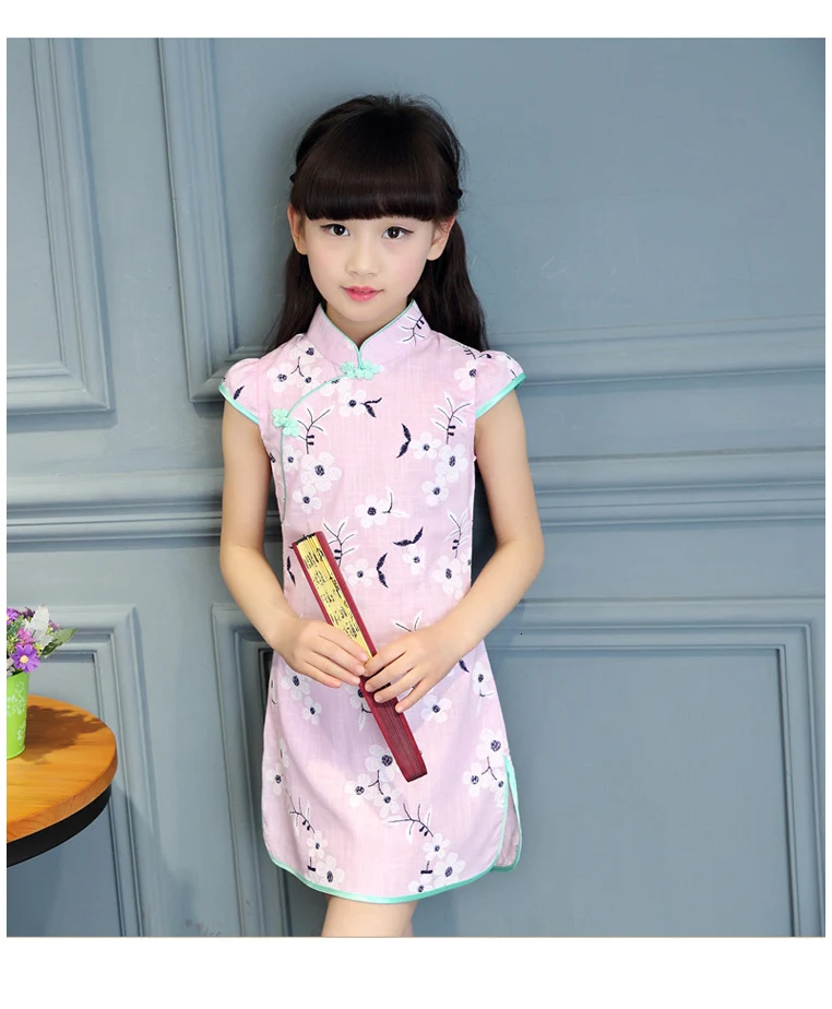 Элегантное платье Ципао для девочек, Vestidos Cheongsam, детская одежда, винтажная детская одежда с цветочным принтом, летние платья для маленьких