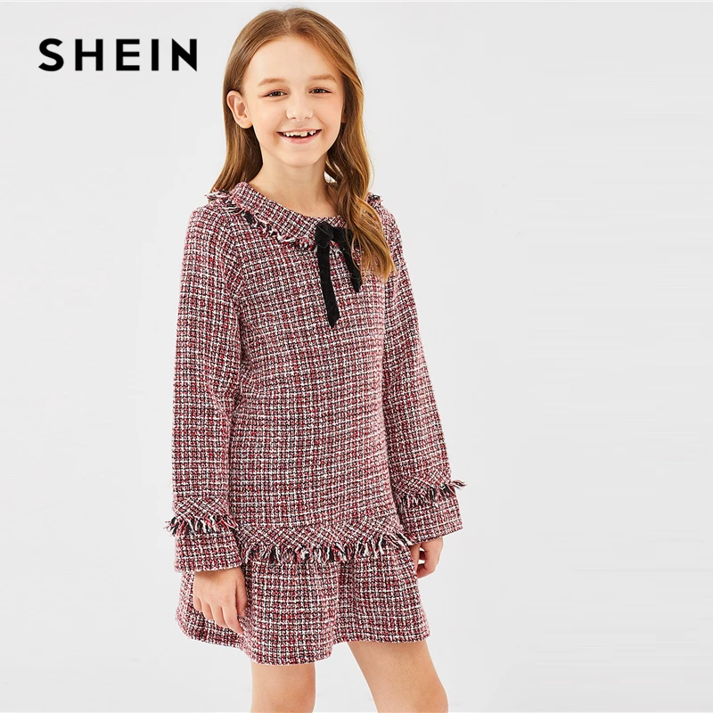 SHEIN Kiddie/клетчатое платье-туника с оборками спереди и бантом для девочек г. Осенние милые короткие платья с длинными рукавами на молнии сзади для детей