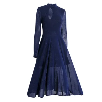 

BacklakeGirls Ever Pretty Women Sexy Hollow Out Mesh Long Sleeve Evening Dress Solid Color A Line Party Dress Sukienki Damskie