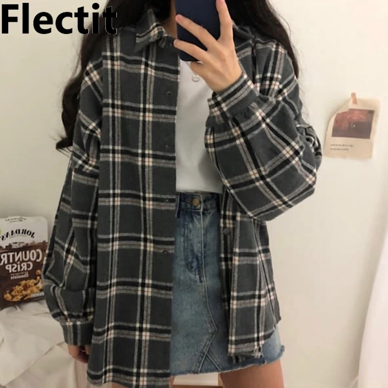 

Flectit Flannel Oversized Shirt Long Sleeve Collared Boyfriend Plaid Blouse Fall Spring Women's Blouses & Shirts *