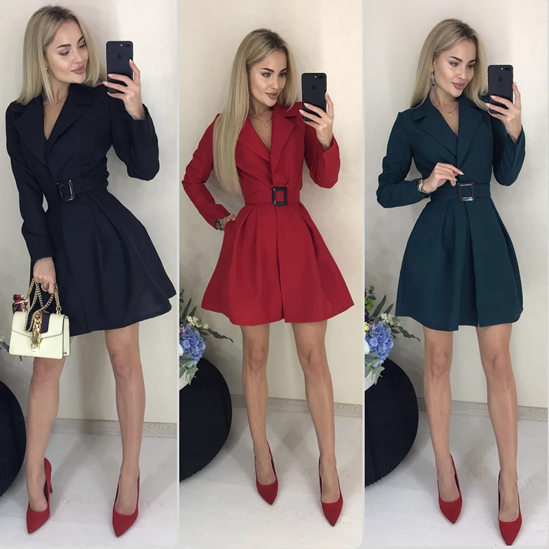 Tanie Kobiety w stylu Vintage linia sukienka z paskiem panie z długim rękawem v Neck Sexy sukienka na imprezę eleganckie 2019 jesień zima moda sukienka kobiety