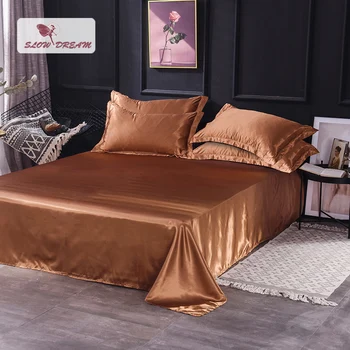 

Slowdream Luxury Brown 100% Stain Silk Flat Sheet Bed Linen Euro Queen King Silky Healthy Bed Sheet For Adult Home Textiles 1PCS