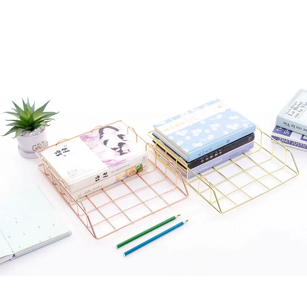 Office Desktop A4 Paper Finishing Basket Metal Stackable Storage Basket Magazine Newspaper Organizer Nordic Rose Gold Frame Rack