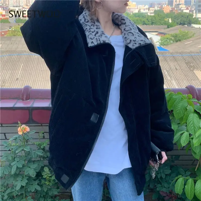 2021 New Winter Leopard Patchwork Women Coat Corduroy Warm Loose Casual Jacket Female Outwear Elegant Tops