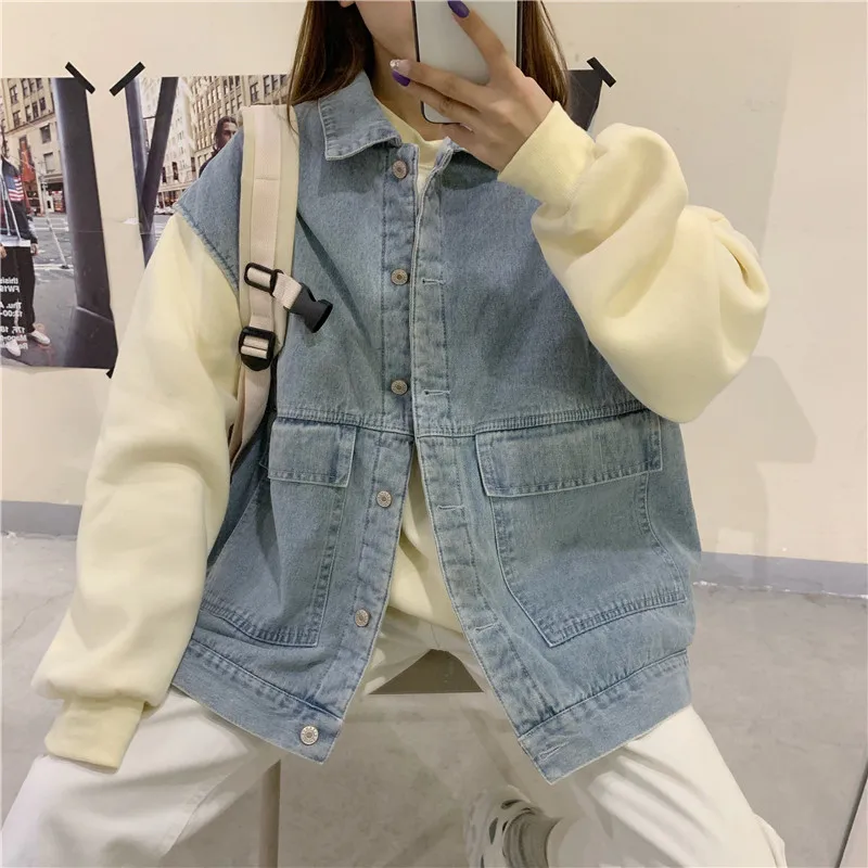 Зимний утолщенный джинсовый жилет для женщин Harajuku, без рукавов, с отворотом, теплая куртка для девушек, Корейский простой Свободный жилет с большими карманами для женщин