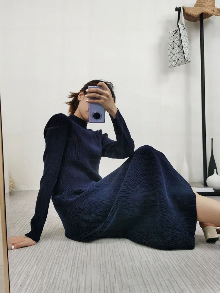 HOT SELLING spring miyake pleated one-piece dress medium-long stand collar long sleeve dress IN STOCK
