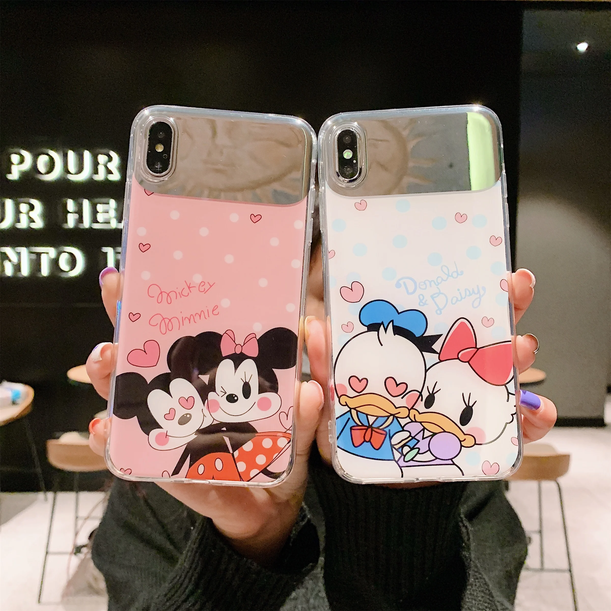 

Cartoon Tempered Glass Mickey Donald Duck Make Up Mirror Mobile Phone Case For iPhone X XR XS MAX Cover For iPhone 6S 6 7 8 Plus