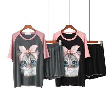 

2020 Summer Modal Colorblock Short Sleeve Shorts Set Loose Round Neck Cartoon Cat Print Home Sleepwear Suit Pyjama Femme Coton