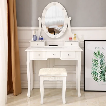 

High Quality With Light Bulb Single Mirror 5 Drawer Dressing Table For Home Use White US Stock
