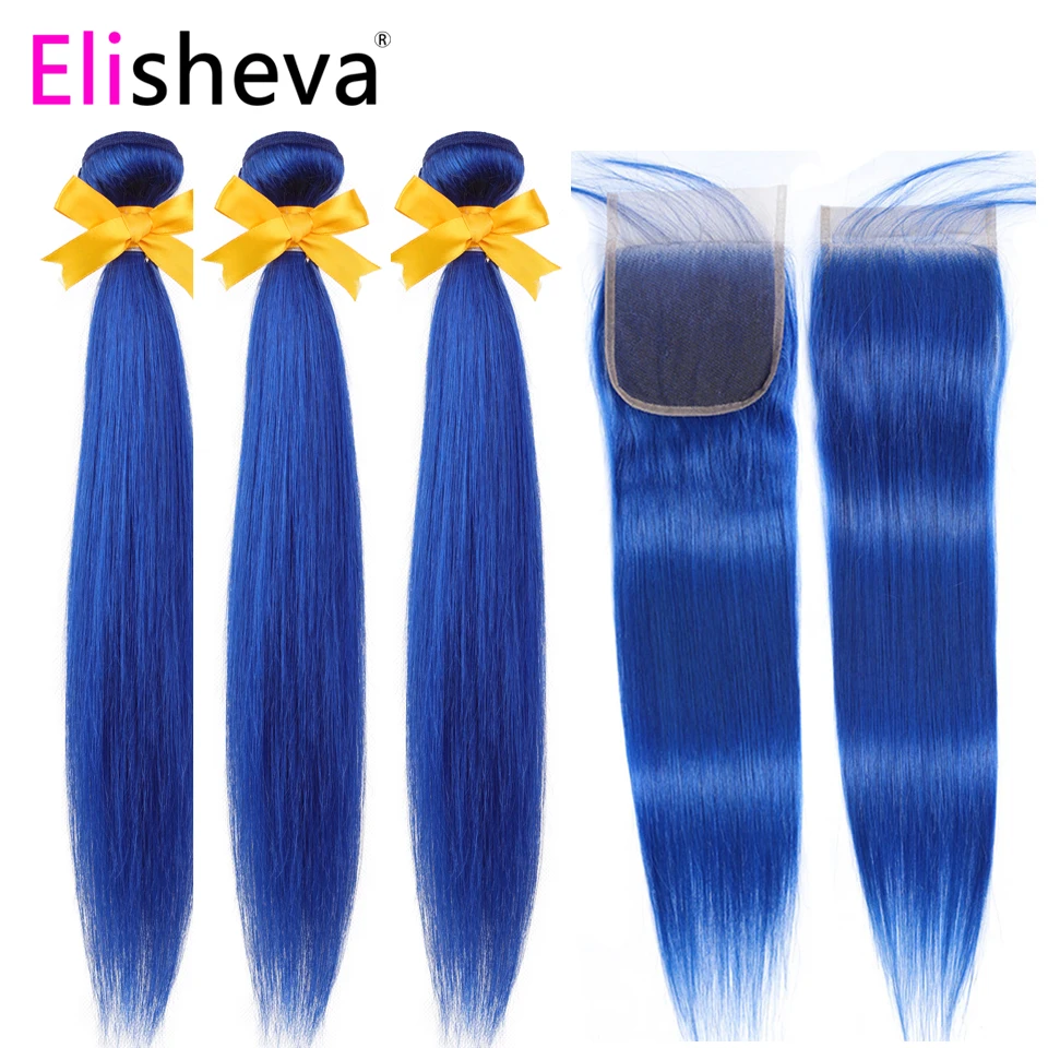Елишева синие пучки с закрытием Омбре Малайзия Remy прямые человеческие волосы плетение 3 пучка с 1 заказ с сеткой расширение