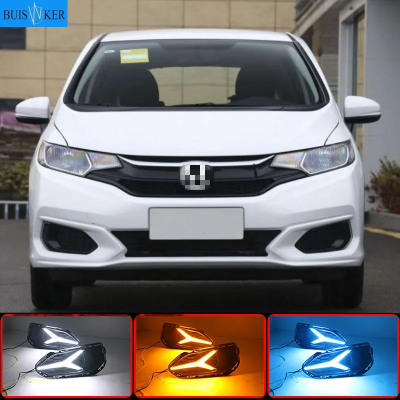 

Светодиодный ные дневные ходовые огни для Honda Jazz fit 2018-2020 светодиодный ные дневные ходовые огни, противотуманные фары с функцией поворота, Стайлинг автомобиля