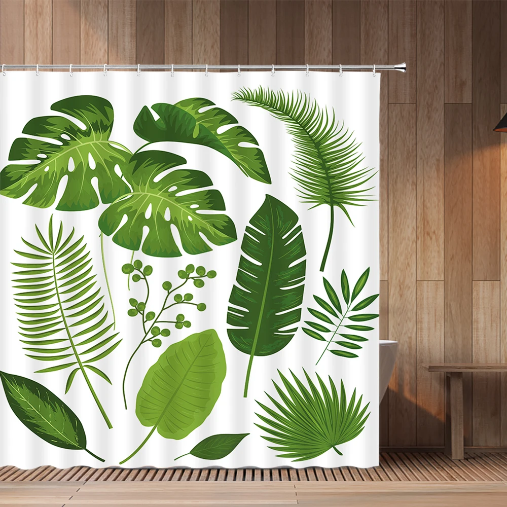 

Tropical Green Leaves Shower Curtains Plant Leaf Palm Bird Bathroom Decor Bathtub Screen Waterproof Fabric Hanging Curtain Set