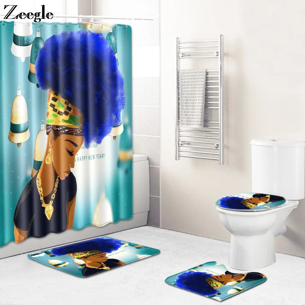 Zeegle 4pcs Bath Mat Set Waterproof Bathroom Curtain Flannel Soft Toilet Pedestal Rug Absorbent Foot Rug Toilet Cover Seat Mat
