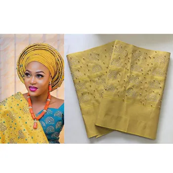 

African Aso Oke Gele Headtie Nigeria Wrapper Scarf with Stones Beads Head Tie for Party Gold African Headtie 2pieces/bag 30
