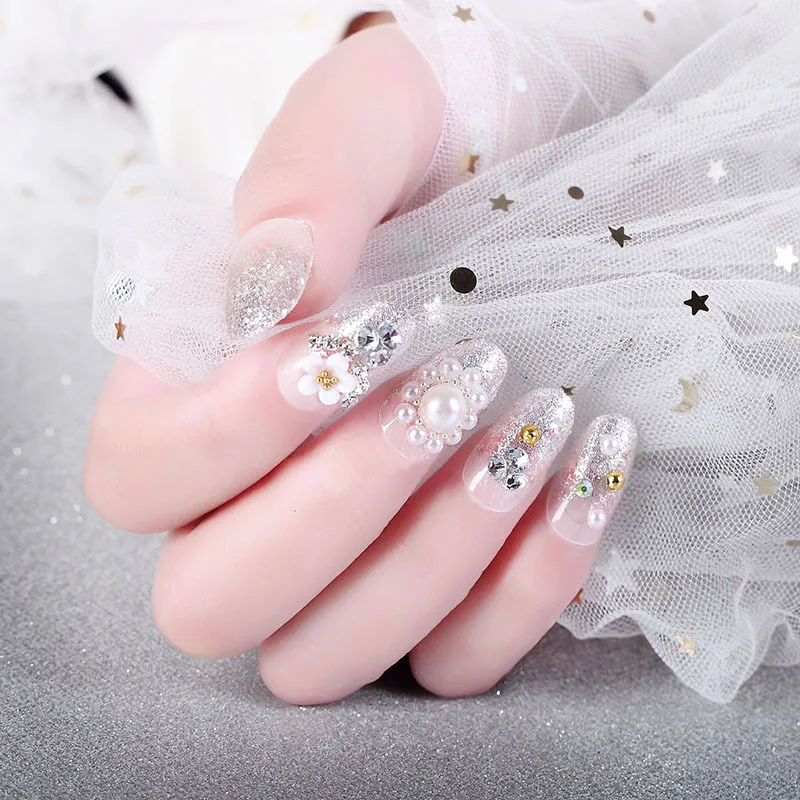 24pcs/boxed Fashion Safety White Pearl Flower in Long Silver Powder Bride Pregnant Woman Photo Wedding Dress press on nail tips | Красота и