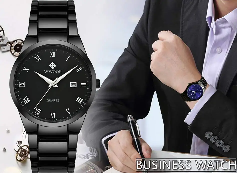 WWOOR Men Watch Top Luxury Blue Stainless Steel Waterproof Watches Casual Sports Quartz Date Clock Wristwatch Male+Gift box
