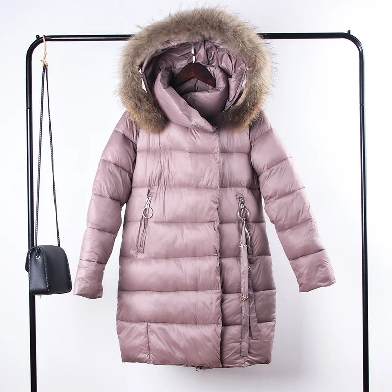 Pink Hirsionsan, зимнее пальто для женщин, норка, натуральный мех, воротник с капюшоном, утолщенная, ветрозащитная, теплая, для девушек, длинная, тонкая, куртка с хрустальной подвеской - Цвет: Pink