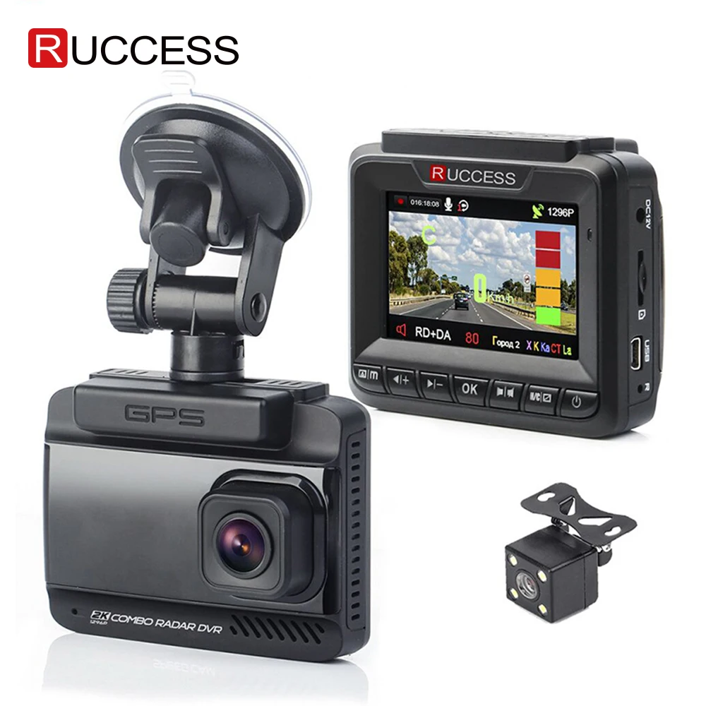 Ruccess 3 in 1 Car Radar Detector DVR Built-in GPS Speed Anti Radar Dual Lens Full HD 1296P 170 Deg
