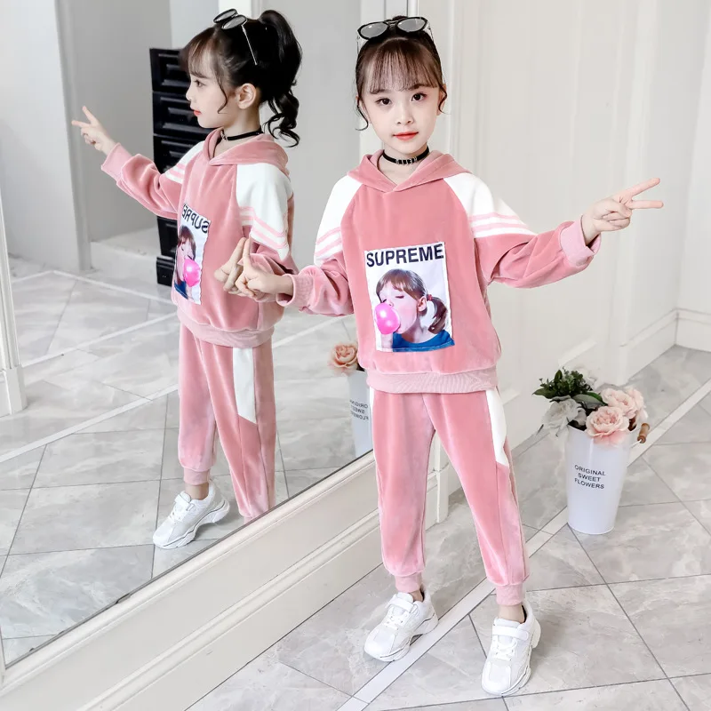 

CHILDREN'S Suit 2020 Spring New Style GIRL'S Suit Big Boy Gold Velvet Hoodie Athletic Pants Two-Piece Set Autumn