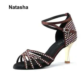 

Natasha black dancing shoes coffee bag inlaid with diamond shoes international Latin shoe leather bottom of the shoe