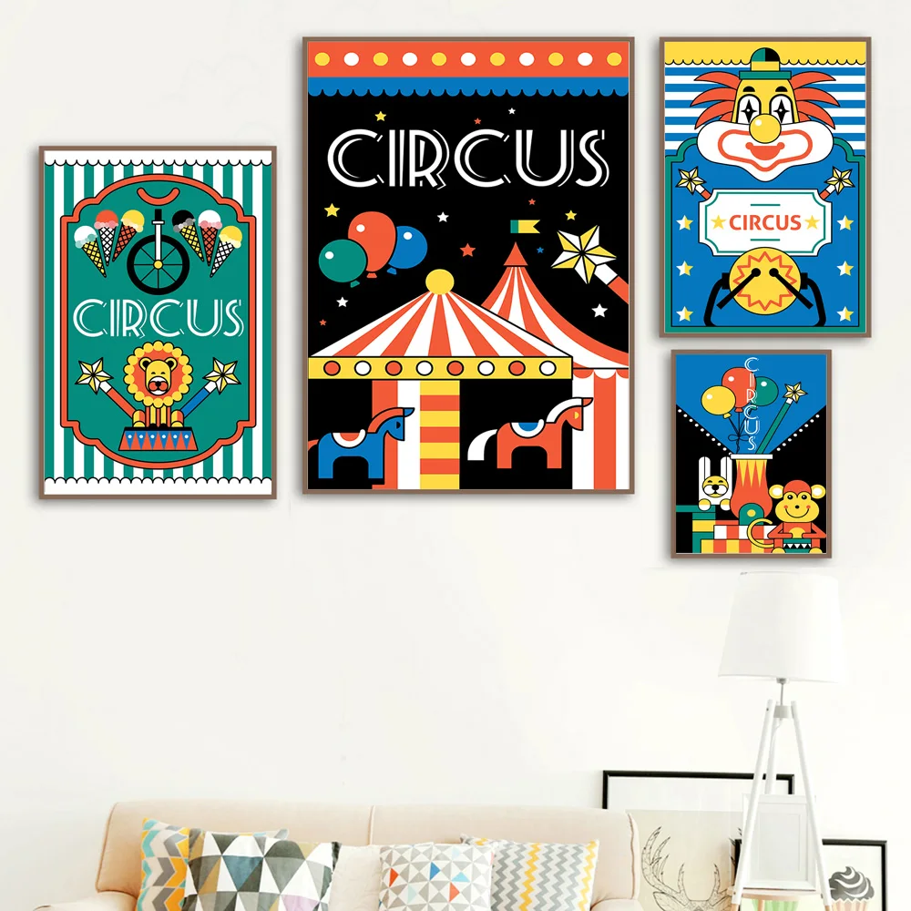 Мультяшные цирковые клоуны обезьяны Ретро плакаты настенная Картина на холсте