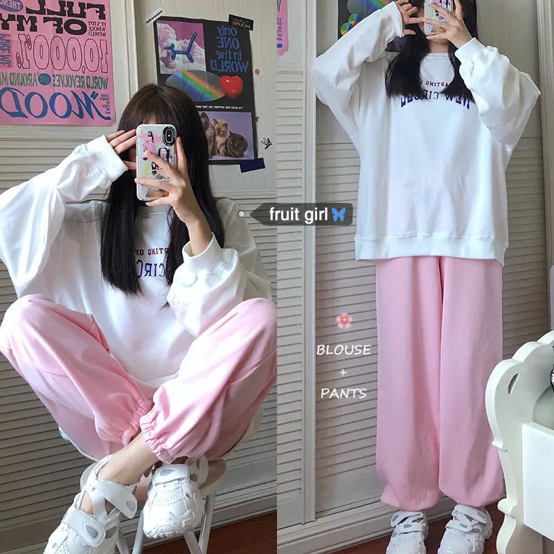 

Sping Autumn Leg Pant+ Long Sleeve HoodieTwo-Piece Pink Suit Women Loose Casual Sportswear Lady High WaistTrouser Student Set