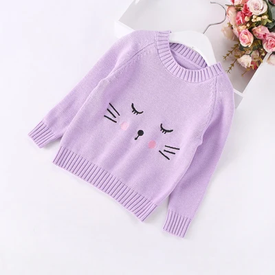 Новые вязаные свитера для маленьких девочек 2-10 лет; зимняя одежда; однотонные милые женские свитера с рисунком котенка; топы для детей - Цвет: Лаванда
