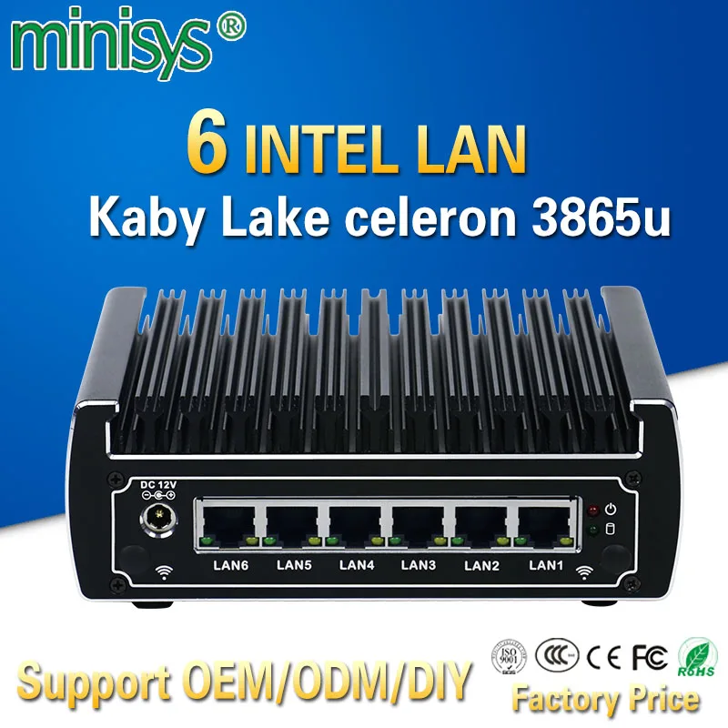 Minisys Intel Celeron 3865u Pfsense Мини ПК двухъядерный 6 Lan порт Расширенный безвентиляторный Linux брандмауэр маршрутизатор Поддержка AES-NI