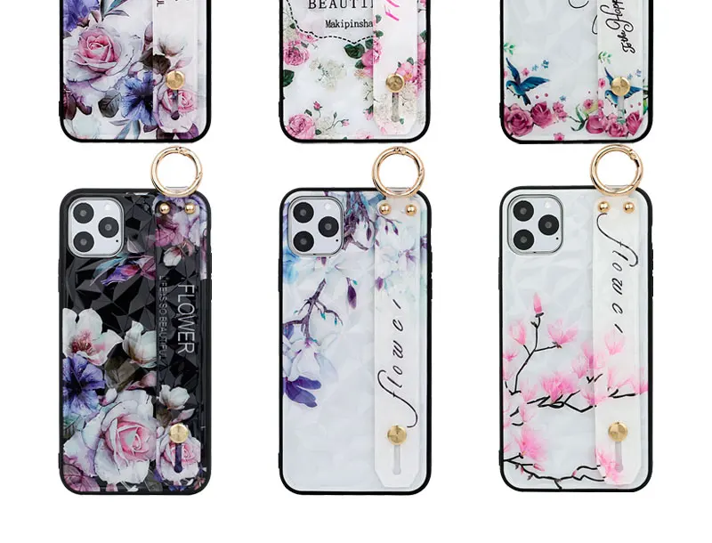 Diamond Texture Retro Flower Wrist Strap Case for Etui iPhone 8 Plus 6 6S 7 11 Pro Max Hard Phone Holder Cover for iPhone 11 XR