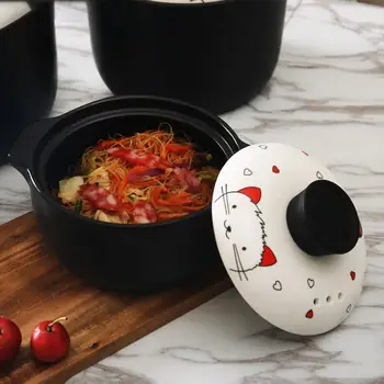 

1.3L Cute Cartoon Cat Pattern Printing Ceramic Soup Pot for Kitchen Cooking