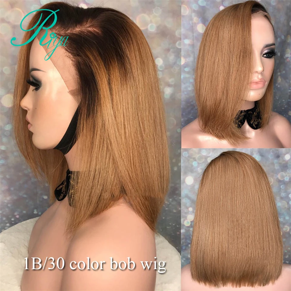 13X6 150% Мёд блондинка с эффектом деграде(переход от темного к Цвет 30 короткие прямые Боб вырезать тупым, короткая стрижка, Синтетические волосы на кружеве человеческих волос парики для чернокожих Для женщин индийские волосы Remy - Цвет: 1B30 Color Wig