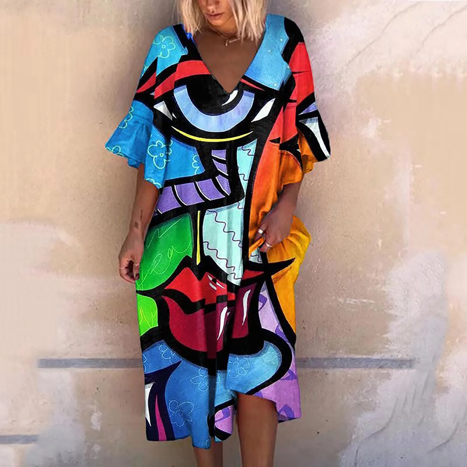 Summer Retro Print Colorful Dress High Waist Long Dress V-neck Printed Cotton Short Sleeve Dress Temperament Loose Vestido femme 1