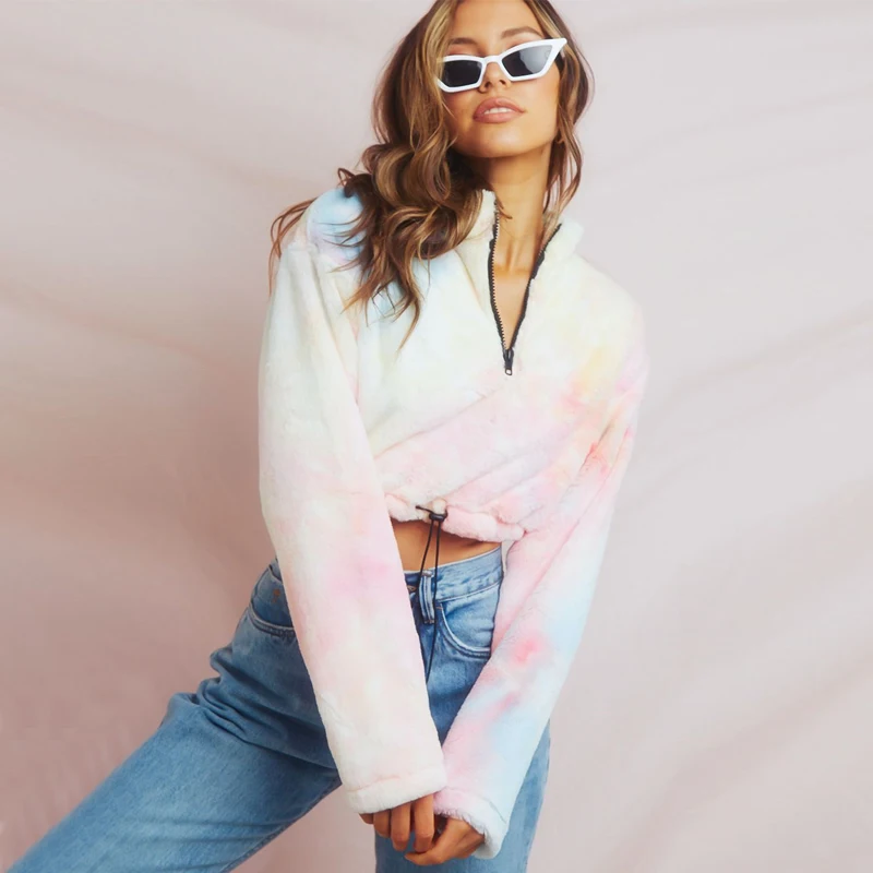 Hugcitar 2019 tie dye long sleeve zipper high neck Faux lambswool crop tops autumn winter women streetwear solid coat jacket