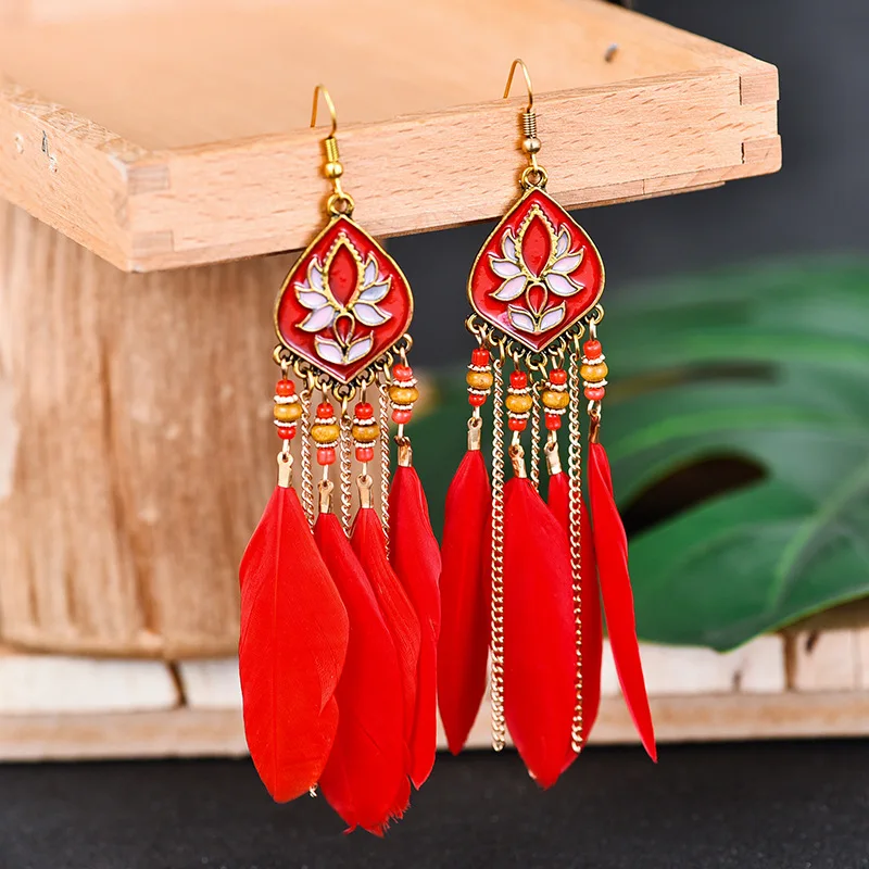 

Retro long feather Earrings boho style rice beads diamond fringed earrings trendy