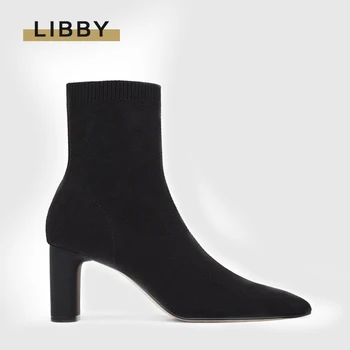 

2020 Women Black Ankle Sock Boots Fashion Autumn Stretch Boots Chunky High Heels Pointed Toe Women Shoes Black Classic Boots