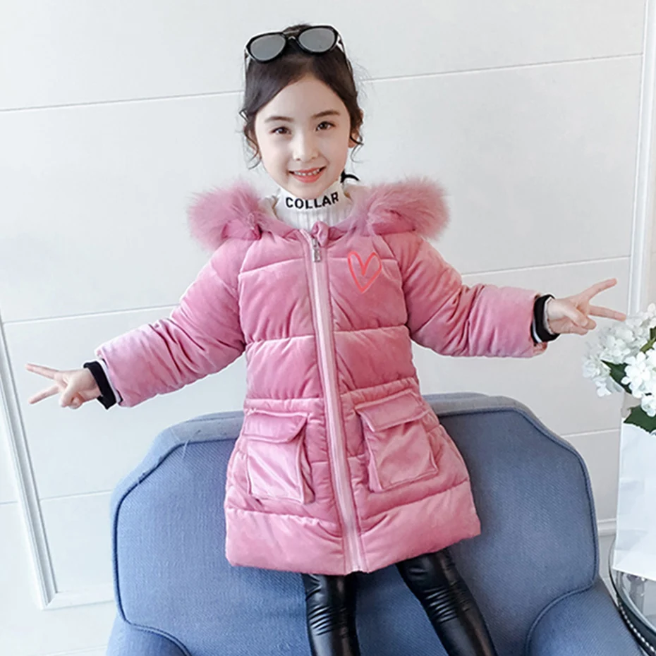 Down Coat For Girl Thick Velvet Girl Coats Kids Hoodies Fur Collar Children's Jacket Winter Fashion Clothes For Girls Christmas