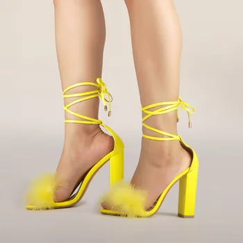 

Onlymaker Women's Fluffy Marabou Feather Lace up Thick Ankle Strap Gladiator Strappy Chunky High Heels